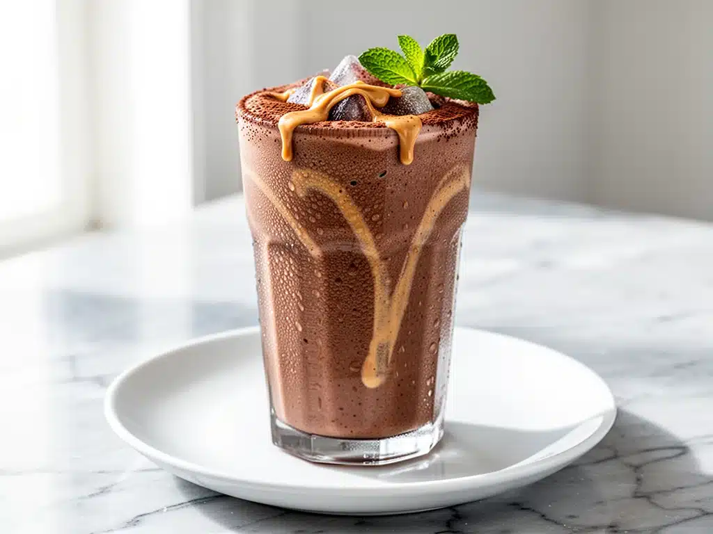 blended chocolate peanut butter protein frappe - featured image