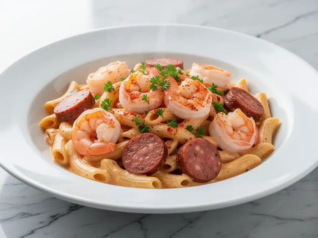 creamy cajun sausage and shrimp pasta - featured image