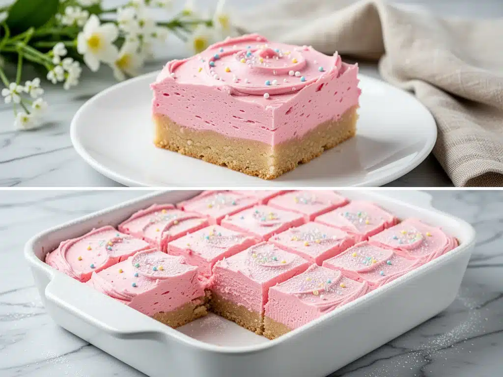 soft pink frosted sugar cookie bars - featured image