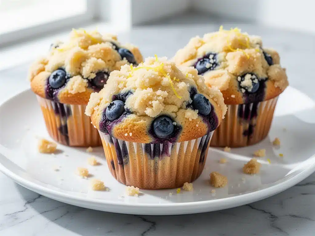 bakery-style blueberry muffins with lemon streusel - featured image