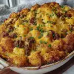 cheesy sausage hash brown breakfast casserole - featured image
