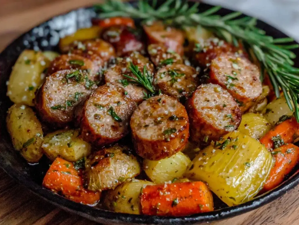fall sheet pan sausage and root vegetables - featured image