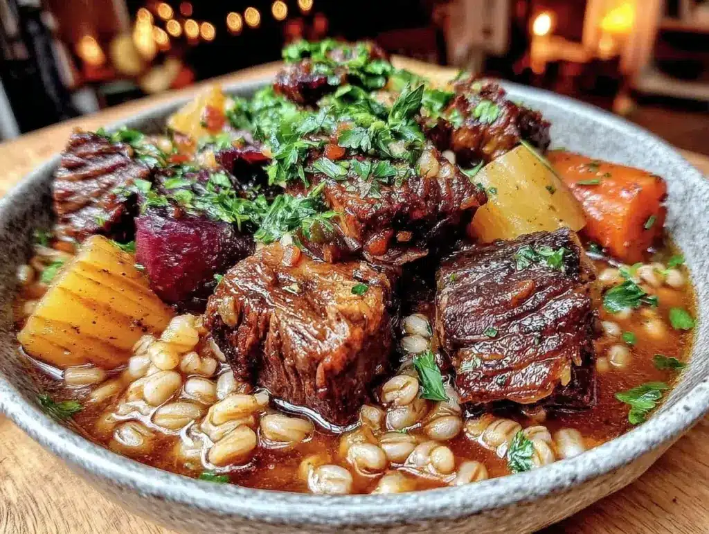fall slow cooker beef and barley stew - featured image
