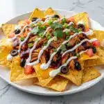 football tailgate sheet pan nachos with smoky pulled chicken - featured image