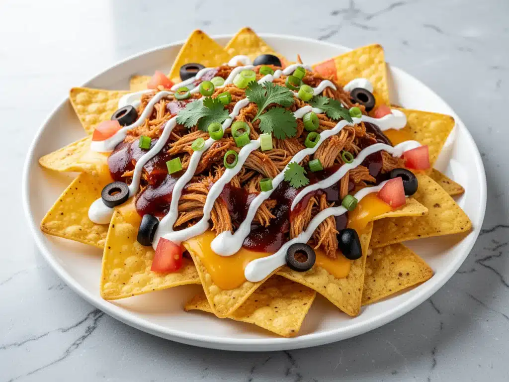 football tailgate sheet pan nachos with smoky pulled chicken - featured image